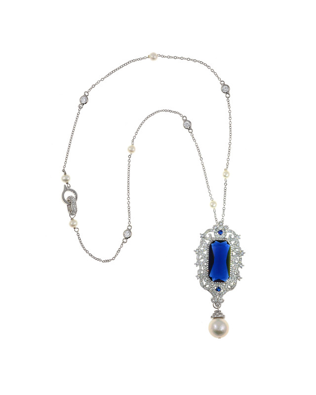 Natural 7-8mm White Cultured Pearl & Lapis Lazuli Choker Necklace 18 Inches