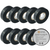 Image: 10 rolls of black tape neatly stacked on a white surface, each roll labelled with brand and specifications.