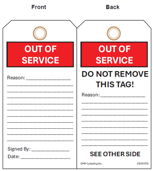 Out of Service White and Red Equipment Status Tag - two sided