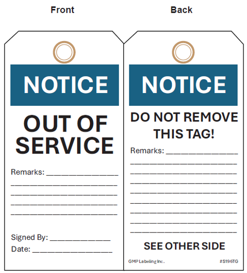 Notice Out of Service Equipment Status Tag - two sided