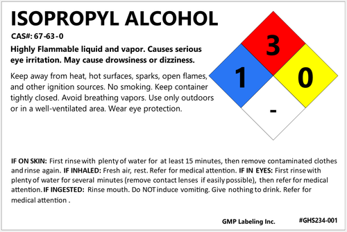 3" X 2" Isopropyl Alcohol NFPA container identification label with hazard statements, precautionary statements, and first aid.