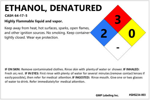 3" X 2" Ethanol, Denatured NFPA container identification label with hazard statements, precautionary statements, and first aid.