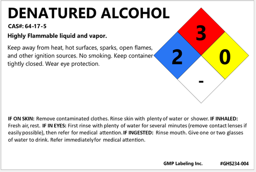 3" X 2" Denatured Alcohol NFPA container identification label with hazard statements, precautionary statements, and first aid.