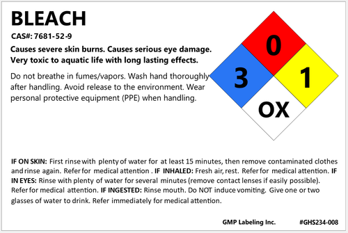3" X 2" Bleach NFPA container identification label with hazard statements, precautionary statements, and first aid.