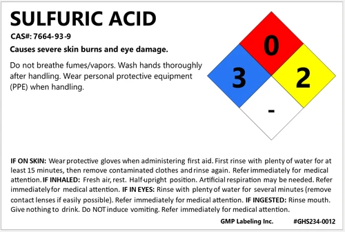 3" X 2" Sulfuric Acid NFPA container identification label with hazard statements, precautionary statements, and first aid.