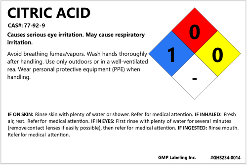 3" X 2" Nitric Acid NFPA container identification label with hazard statements, precautionary statements, and first aid.