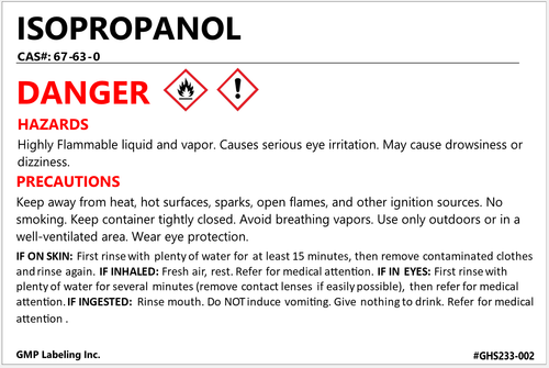 3" X 2" Isopropanol GHS secondary container identification label with hazard statements, precautionary statements, and first aid.