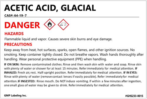 3" X 2" Acetic Acid, Glacial GHS secondary container identification label with hazard statements, precautionary statements, and first aid.