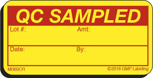 QC Sampled Label - 2 inch by 1 inch red and yellow cryogenic label