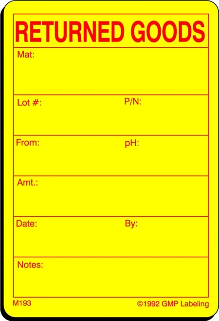 M193 RETURNED GOODS Material Label