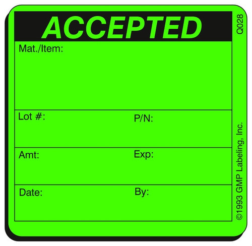 Accepted Quality Control Label - 2x2 Green Fluorescent Q028