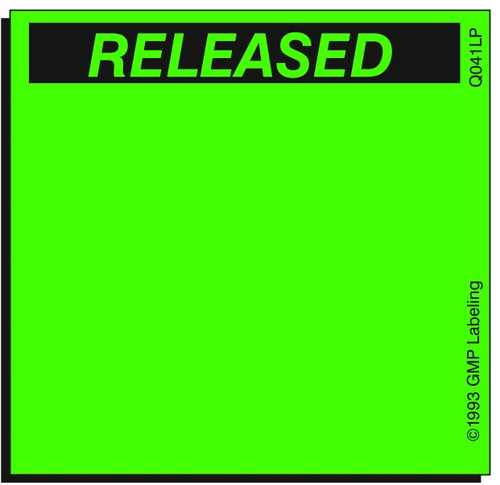 Released Status Label - 2 inch by 2 inch green fluorescent label compatible with laser printers