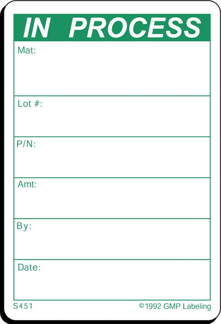 In Process Label - 2 inch by 3 inch green and white label