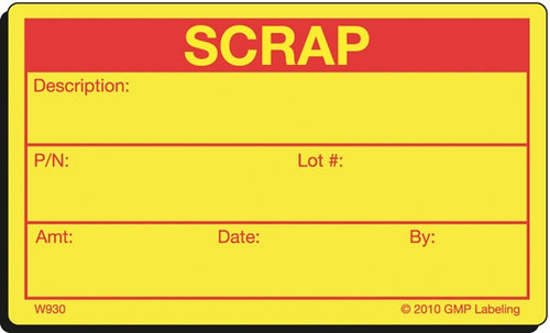 Scrap Waste Label - 2.5 inch by 1.5 inch red and yellow label