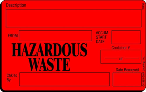 Hazardous Waste Label - 4 inch by 2.5 inch red label