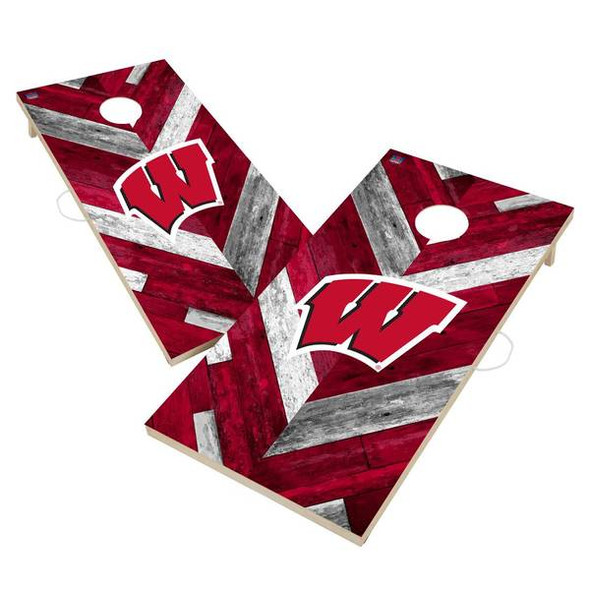 Victory Tailgate Wisconsin Badgers NCAA Solid Wood 2x4 Cornhole Board Set Herringbone Design