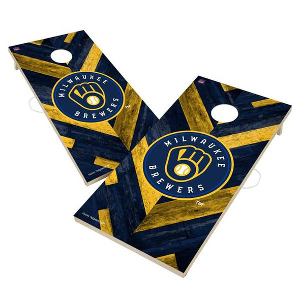 Victory Tailgate Milwaukee Brewers MLB Solid Wood 2x4 Cornhole Board Set Herringbone Design