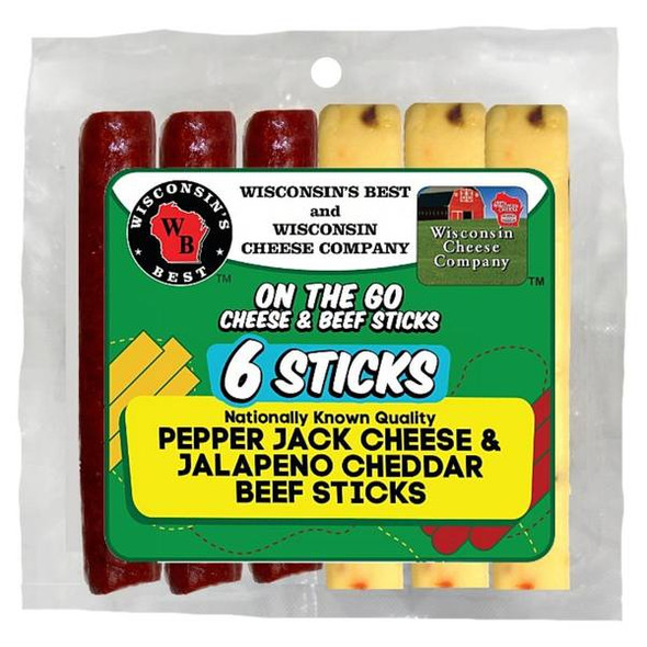 Wisconsin's Best 6 oz 6 Sticks Pepper Jack Processed Cheese and Jalapeno Cheddar Beef Sticks