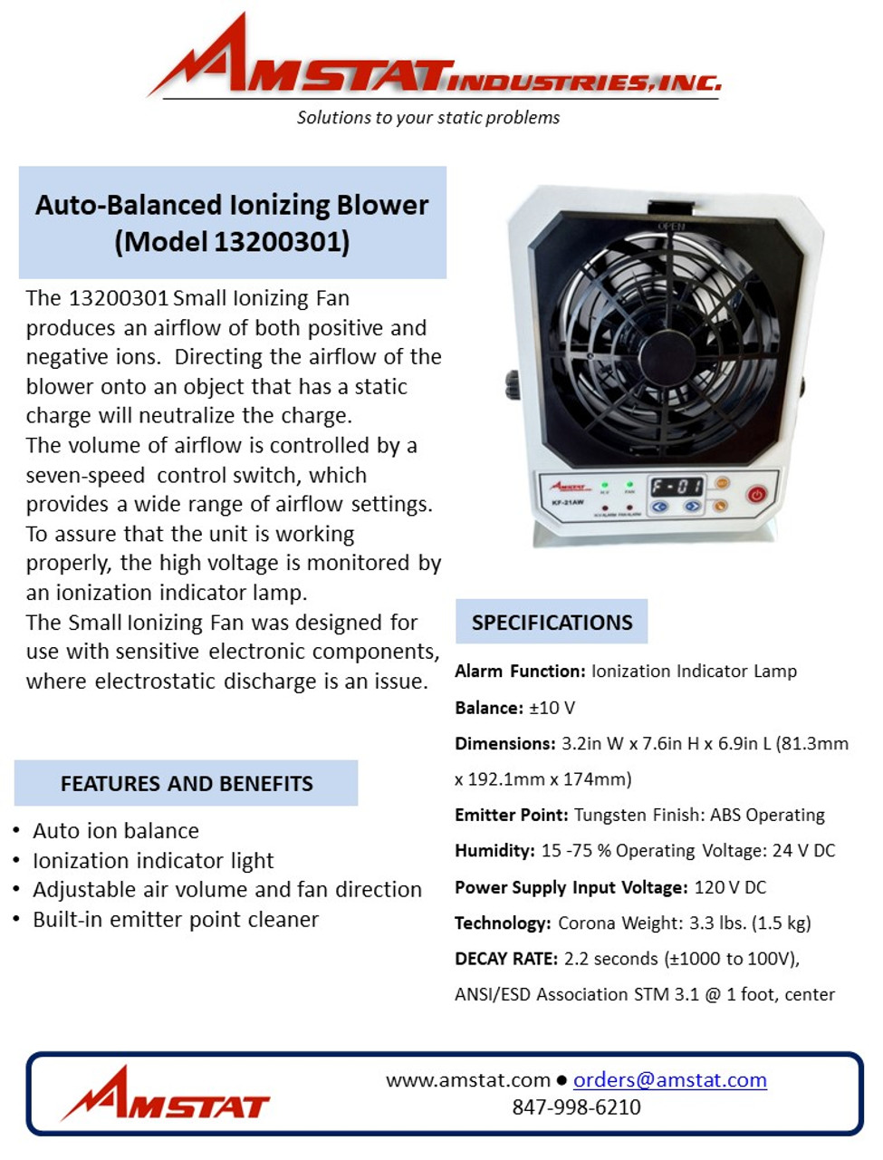 Auto-Balanced High Frequency Ionizing Blower Data Sheet