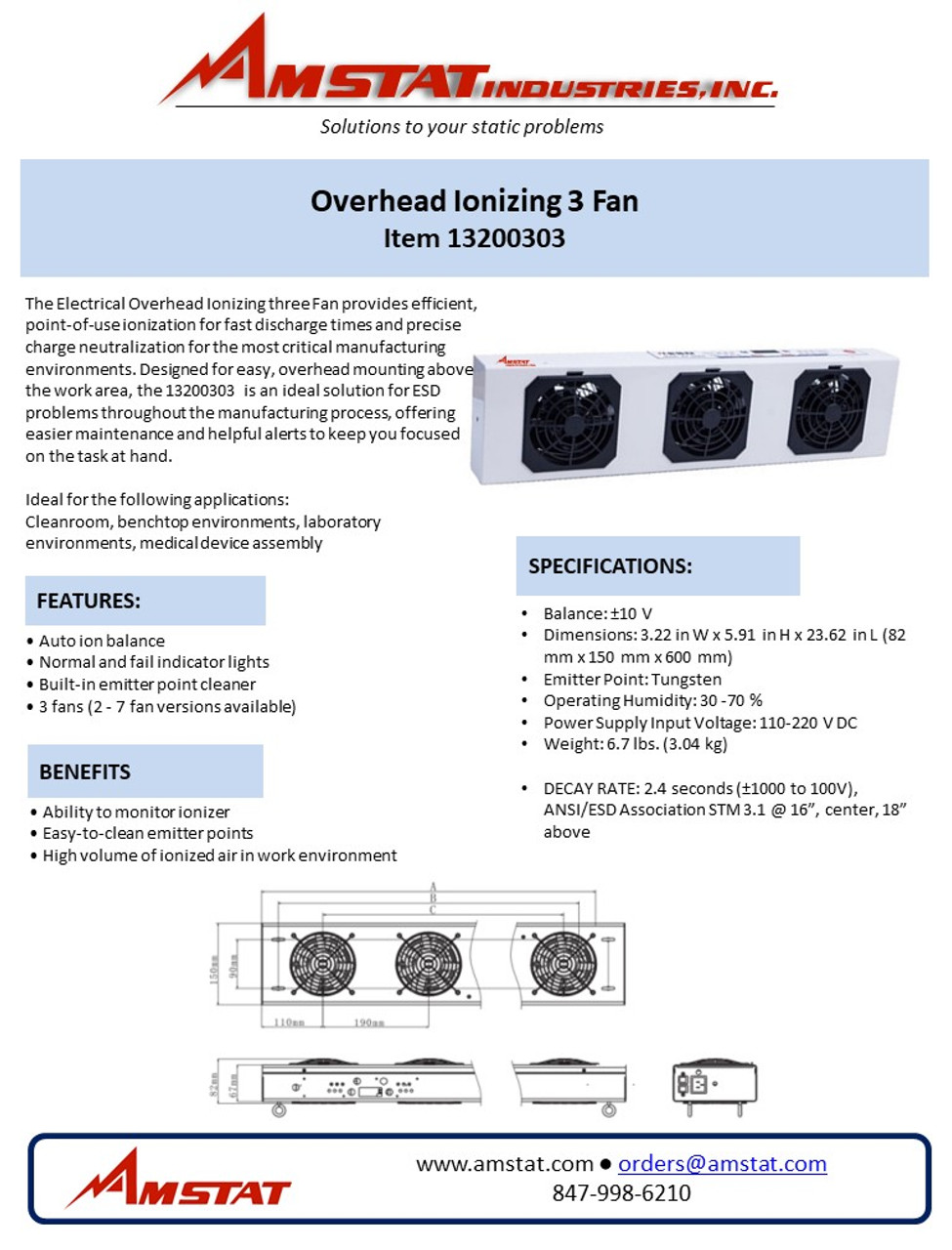 Overhead 3 Ionizing Fan Data Sheet
