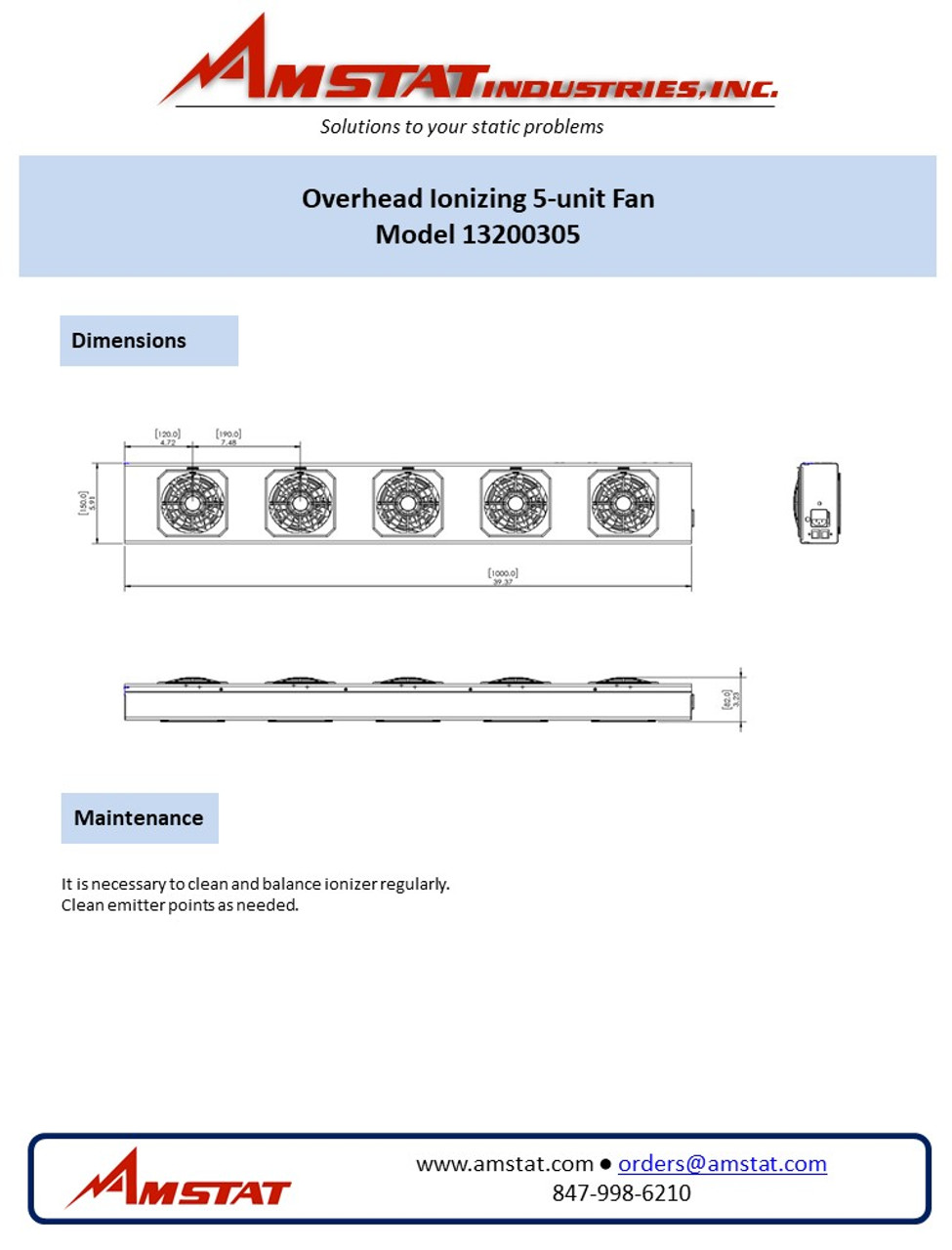 Overhead 5 Ionizing Fan Data Sheet