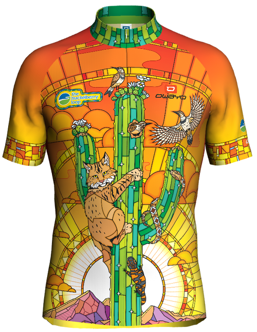 The front of the jersey features a beautiful saguaro with a bobcat, several cactus wrens, diamondback snake, and Gila monster.