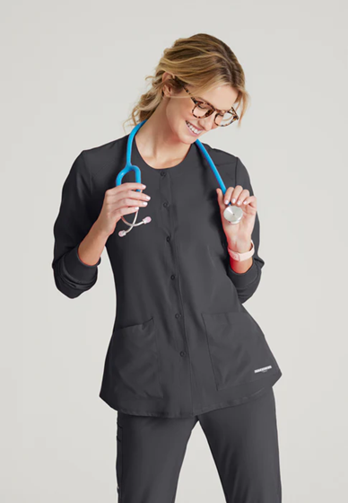 Stability 2-Pocket Crewneck Snap-Front Scrub Jacket (SK101) With Res Logo