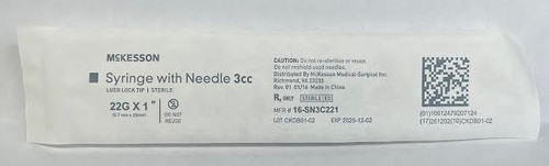 Standard Hypodermic Syringe with Needle McKesson 3 mL 1 Inch 22 Gauge NonSafety Thin Wall (Single)