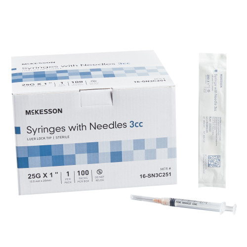 Standard Hypodermic Syringe with Needle McKesson 3 mL 1 Inch 25 Gauge NonSafety Thin Wall (Box)