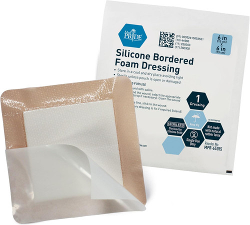 MED PRIDE Silicone Bordered Foam 6’’ x 6’’ Wound Dressing Pads, (Each Piece)