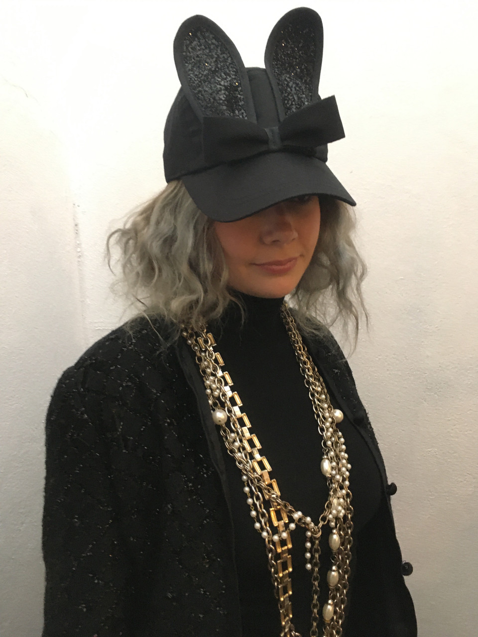 Glitter Bunny Cap - Black