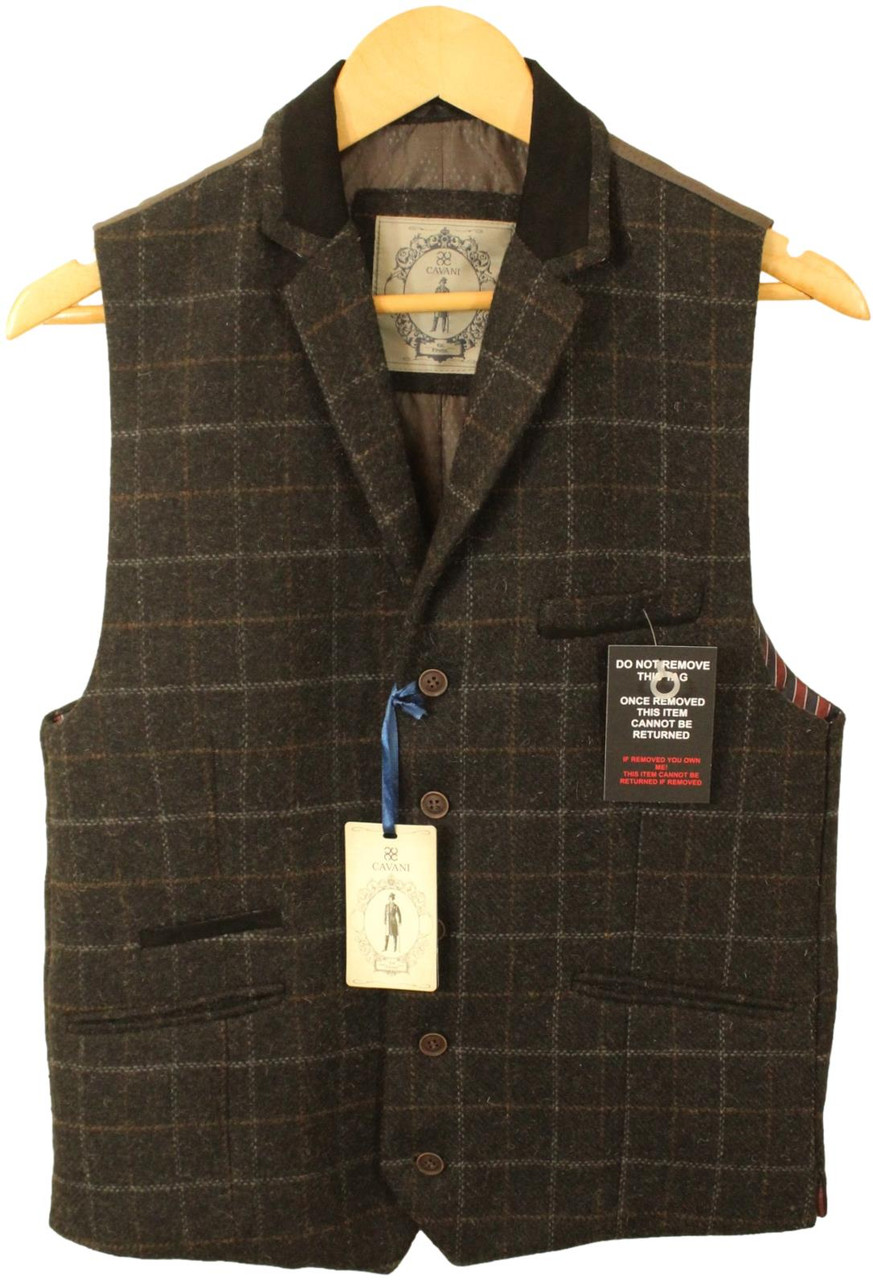 CAVANI CHARCOAL MENS MEDIUM VELVET COLLAR TWEED WAISTCOAT BNWT