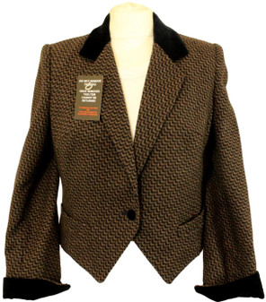 VINTAGE DERETA LADIES SIZE 12 NAVY/BROWN VELVET COLLAR SHORT SHAPED TWEED JACKET