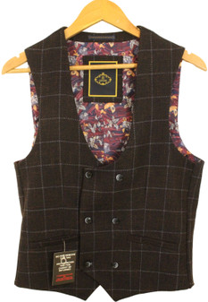 CAVANI MENS 38R BLUE/BROWN MIX CHECK MODERN WAISTCOAT