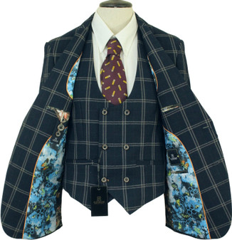 Cavani Mens 36R Blue Check 2-Piece Jacket & Waistcoat Slim Fit BNWT