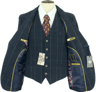 Cavani Mens 34R Navy Blue Check 2-Piece Slim Fit Jacket & Waistcoat