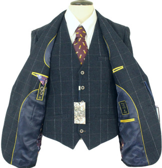 CAVANI MENS 36R NAVY BLUE CHECK 2-PIECE JACKET & WAISTCOAT SET
