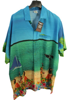 Happy Bay Mens Large Casual Blue Beach Hawaiian Parasail Dancers Tropical Shirt