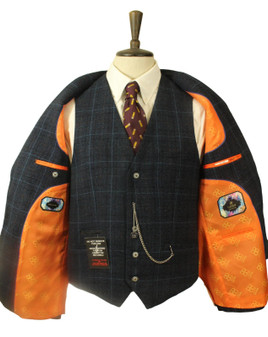 TWEED CAVANI 40R BLUE BOX CHECK 2 PIECE SUIT SIGNATURE JACKET & WAISTCOAT SET