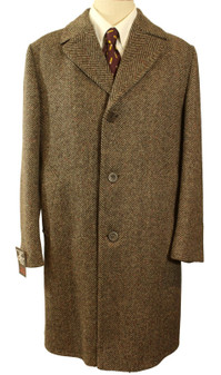 VINTAGE DHOBI BROWN HERRINGBONE LARGE MENS TWEED OVERCOAT