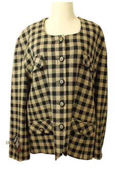 Vintage Ann Harvey Size 24 Checkered Brown/Black Mix Collarless Tweed Jacket
