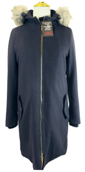 Joules Blue Hooded Faux Size 6 Ladies Wool Navy Blue Winter Ladies Coat