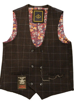 House of Cavani 40R Brown Double Breasted Brown Check Chained Modern Waistcoat