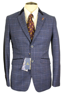 House of Cavani Blue 34R Slim Fit Kaiser Velvet Collar Modern Tweed Jacket