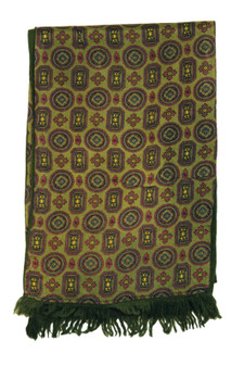 Vintage Scarf Olive Green & Ornate Geometric Pattern Fringed Edge Scarf