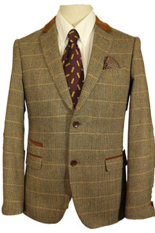 Marc Darcy Brown Check 38R Elbow Patch Tan Modern Tweed Mens Jacket
