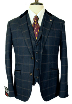 House of Cavani 36R Blue Check Velvet Collar Check Jacket & Waistcoat Set