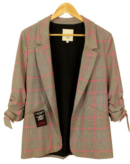 River Island Grey Pink Check Size 10 Womens Ruffled Bow Sleeve Jacket