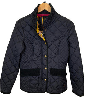 Joules Women's Black Quilted Country Jacket UK 10 Floral Lined Corduroy Collar