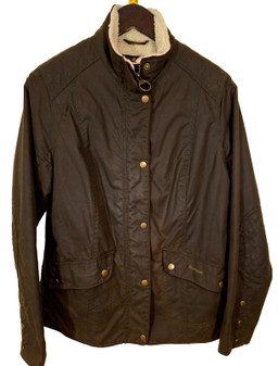 Barbour Brocklane Wax Ladies UK 16 Olive Green Fleece Lined Country Jacket